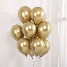 10 Gas filled gold Balloons tied to ribbons