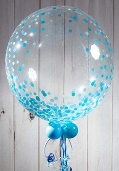 High quality bobo balloon stuffed with blue confetti on stick and leaves