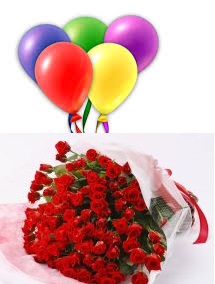 5 Air Blown Balloons with 24 Red roses bouquet