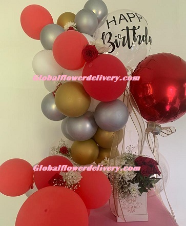 Custom made happy birthday metallic balloons red gold silver with box of flowers