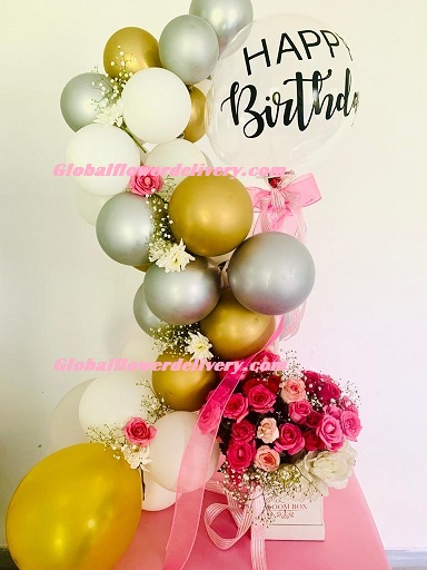 Custom made happy birthday metallic balloons white gold silver with box of flowers