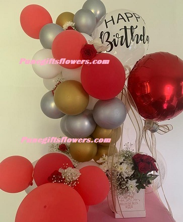 Custom made happy birthday metallic balloons white gold silver with box of flowers