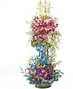 Life size tall flower arrangement 3-4 feet 4 tier orchids blue and purple drooping flowers