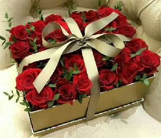40 Red Roses in a square box with ribbon