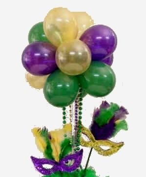 Cluster of Balloons in green gold and purple tied to a stick with ribbons and beads with 2 masque and feathers for a masquerade party