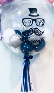 Happy birthday printed transparent Nerd balloon with blue and silver stuffed balloons