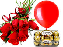 6 red roses hand tied with 1 red balloon and 16 ferrero rocher chocolates