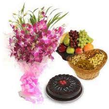 1/2 kg black forest cake with 6 orchids bouquet 2 kg fruit basket and 1/2 kg dry fruit basket