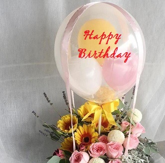 Bubble transparent balloon with happy birthday print pink white balloons inside with flowers basket