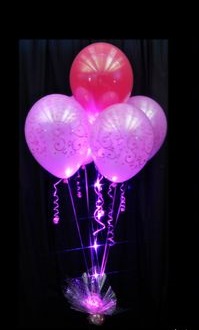 6 Pink and red sparkle table decoration balloons on stick arranged in a box with ribbons