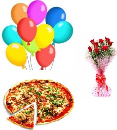 Medium Domino Veg Pizza with 8 Red roses Hand tied and 8 air balloons