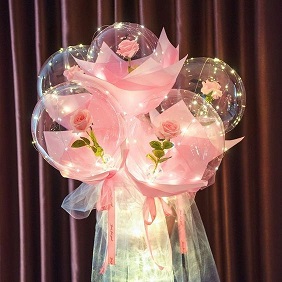 5 Luminous LED Balloons with 5 Pink roses inside transparent balloon with Pink and white Wrapping