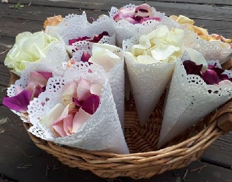 20 Pink White red petals to toss wrapped in small doily covers placed in a basket
