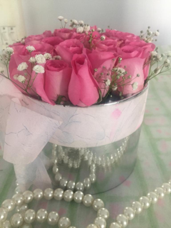 20 Pink Roses in a round silver box