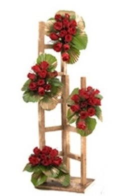 Red roses on a ladder with gold smeared leaves