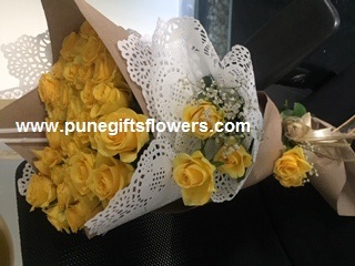 40 yellow Roses Bouquet in doily serviette wrapping