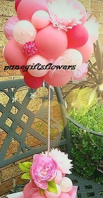 Decorated small and large ballloons 30 balloons shades of pink at bottom with shades of pink balloons on top of stick