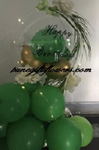 Happy birthday print text balloon with green and gold balloons