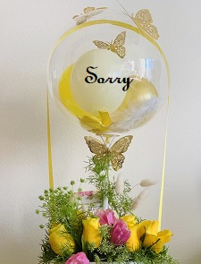 SORRY printed transparent balloon with 8 red roses arrangement Only for Pune