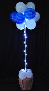 10 Blue sparkle LED light balloons for decoration on stick arranged in a box with ribbons and small balloons