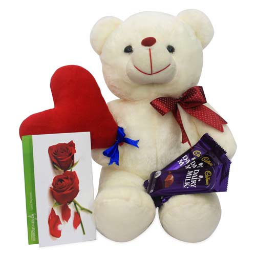 Card 12 inch Teddy Valentine Heart with 2 dairy milk chocolates