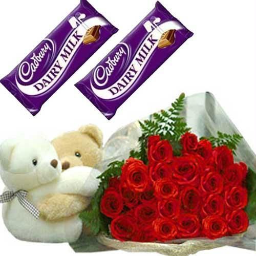 12 Red Roses Bouquet 2 Teds Dairy Milk Chocolate